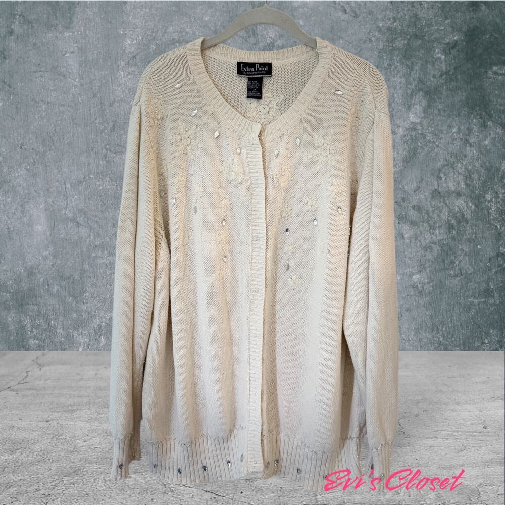 Reference Point Ladies Cream Knitted Sweater Cardigan With Beads Size 2X